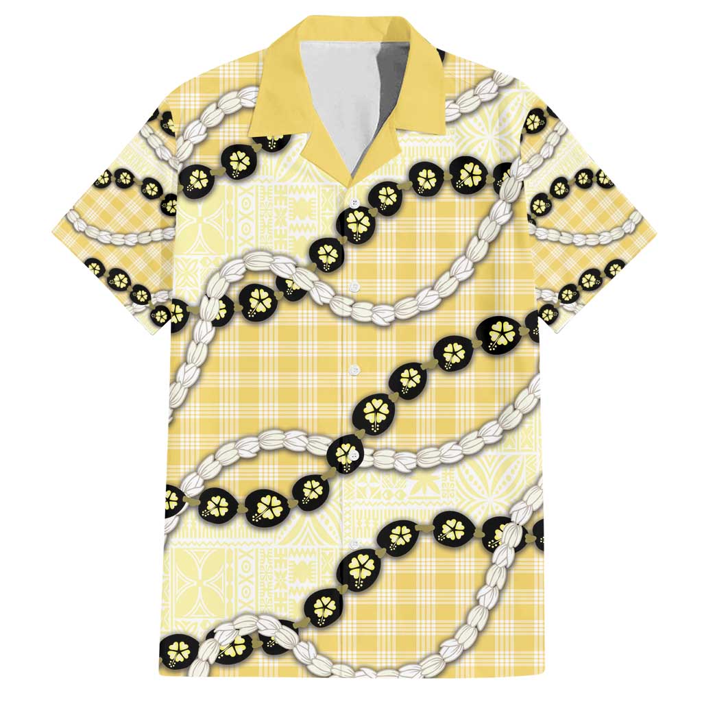 Yellow Palaka Hawaii Family Matching Off Shoulder Short Dress and Hawaiian Shirt Kukui Nut Pikake Lei Hawaiian Tapa Pattern - Polynesian Pride