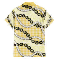 Yellow Palaka Hawaii Family Matching Off Shoulder Short Dress and Hawaiian Shirt Kukui Nut Pikake Lei Hawaiian Tapa Pattern - Polynesian Pride