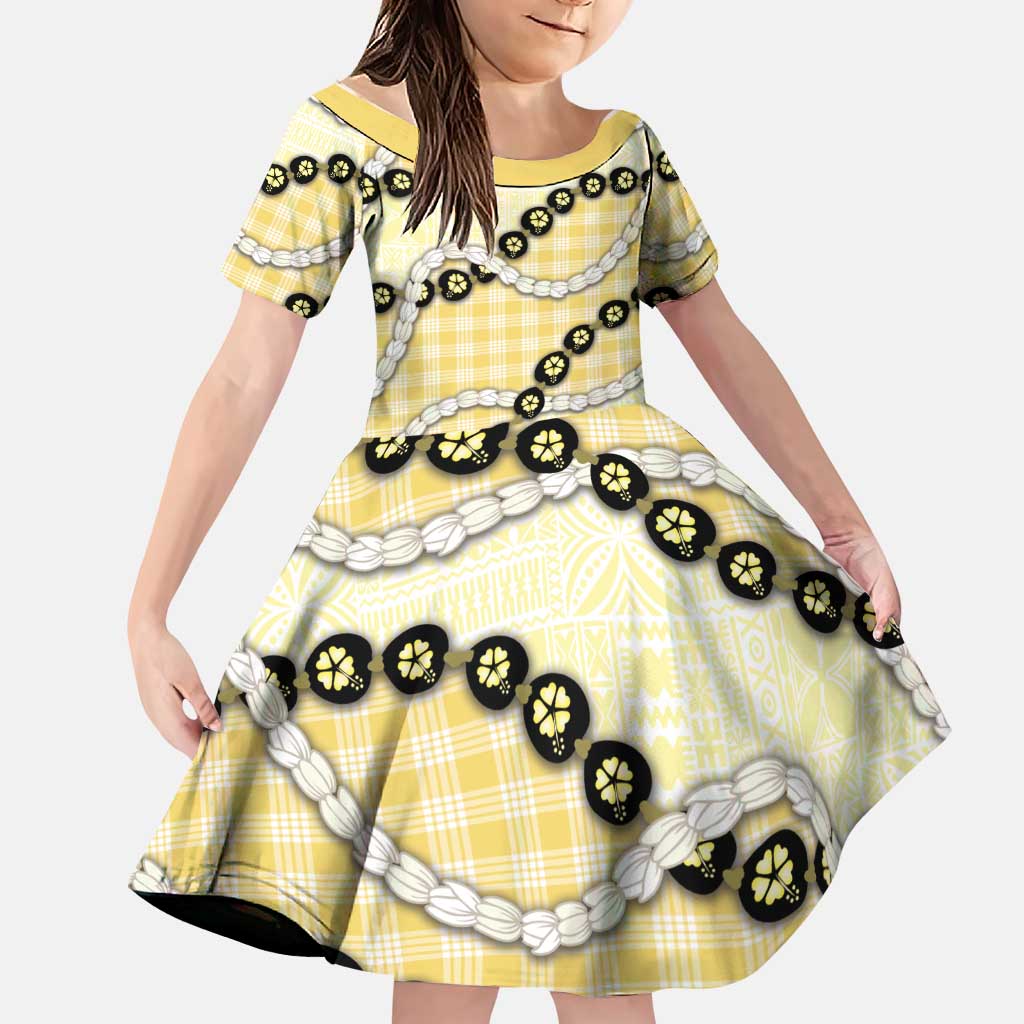 Yellow Palaka Hawaii Family Matching Puletasi and Hawaiian Shirt Kukui Nut Pikake Lei Hawaiian Tapa Pattern LT14 Daughter's Dress Yellow - Polynesian Pride