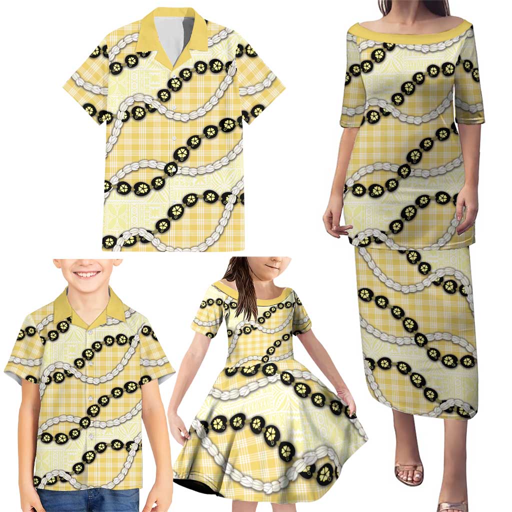 Yellow Palaka Hawaii Family Matching Puletasi and Hawaiian Shirt Kukui Nut Pikake Lei Hawaiian Tapa Pattern - Polynesian Pride