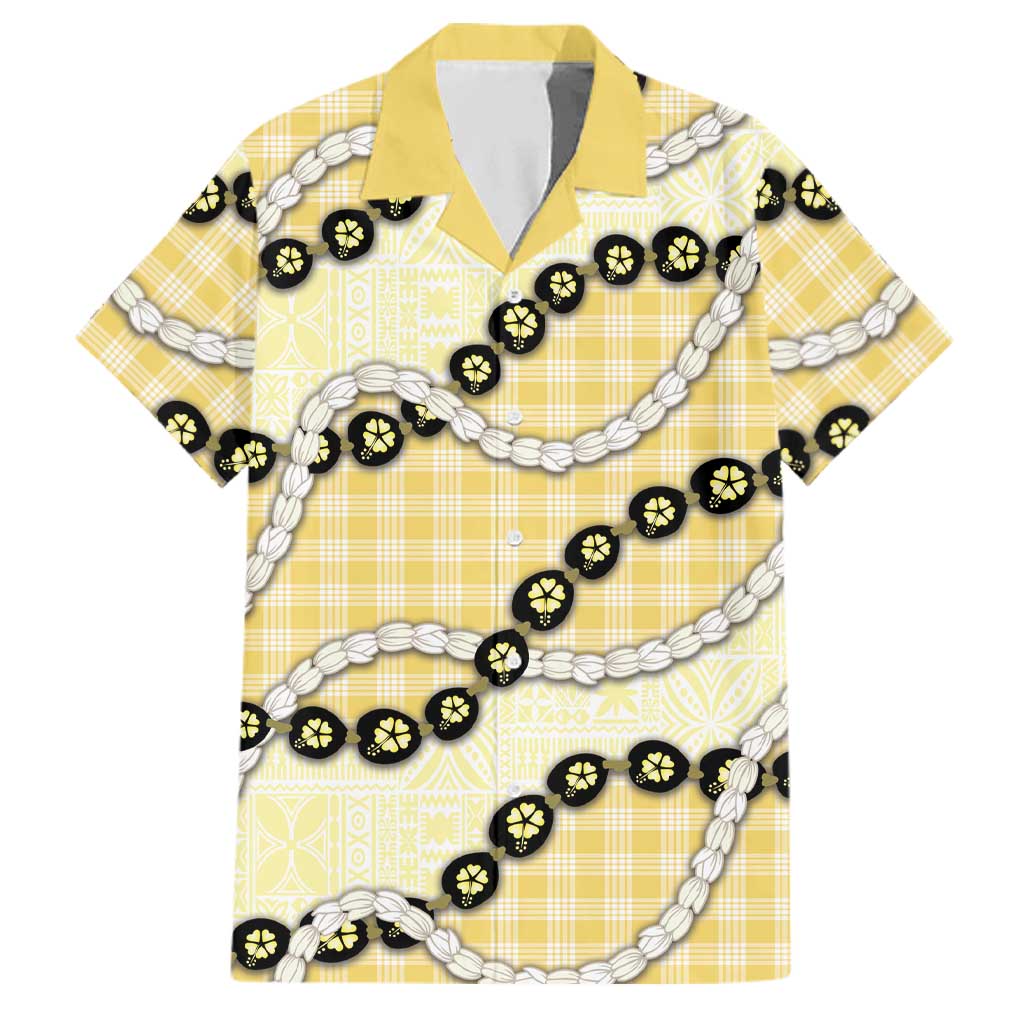 Yellow Palaka Hawaii Family Matching Puletasi and Hawaiian Shirt Kukui Nut Pikake Lei Hawaiian Tapa Pattern LT14 Dad's Shirt - Short Sleeve Yellow - Polynesian Pride