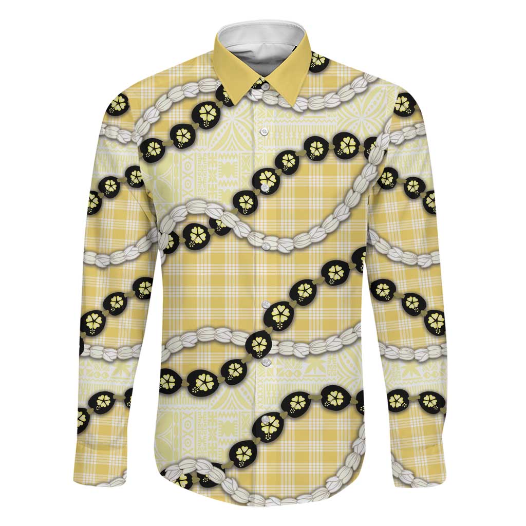 Yellow Palaka Hawaii Family Matching Puletasi and Hawaiian Shirt Kukui Nut Pikake Lei Hawaiian Tapa Pattern LT14 Dad's Shirt - Long Sleeve Yellow - Polynesian Pride