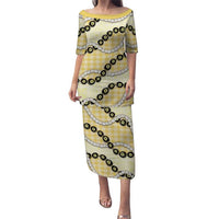 Yellow Palaka Hawaii Family Matching Puletasi and Hawaiian Shirt Kukui Nut Pikake Lei Hawaiian Tapa Pattern LT14 Mom's Dress Yellow - Polynesian Pride