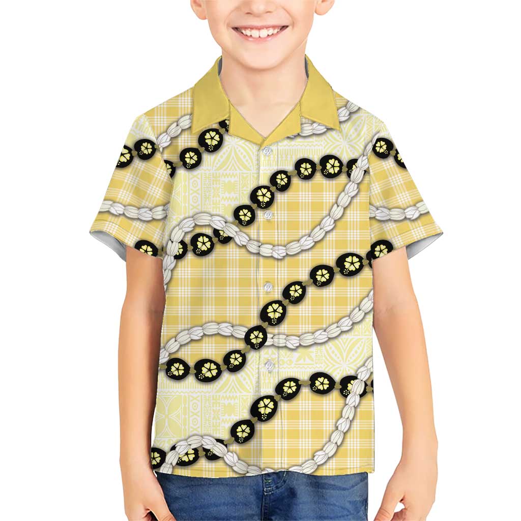 Yellow Palaka Hawaii Family Matching Puletasi and Hawaiian Shirt Kukui Nut Pikake Lei Hawaiian Tapa Pattern LT14 Son's Shirt Yellow - Polynesian Pride