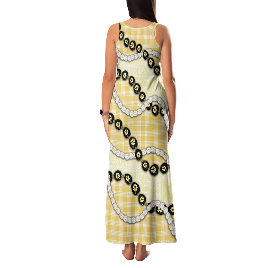 Yellow Palaka Hawaii Family Matching Tank Maxi Dress and Hawaiian Shirt Kukui Nut Pikake Lei Hawaiian Tapa Pattern - Polynesian Pride