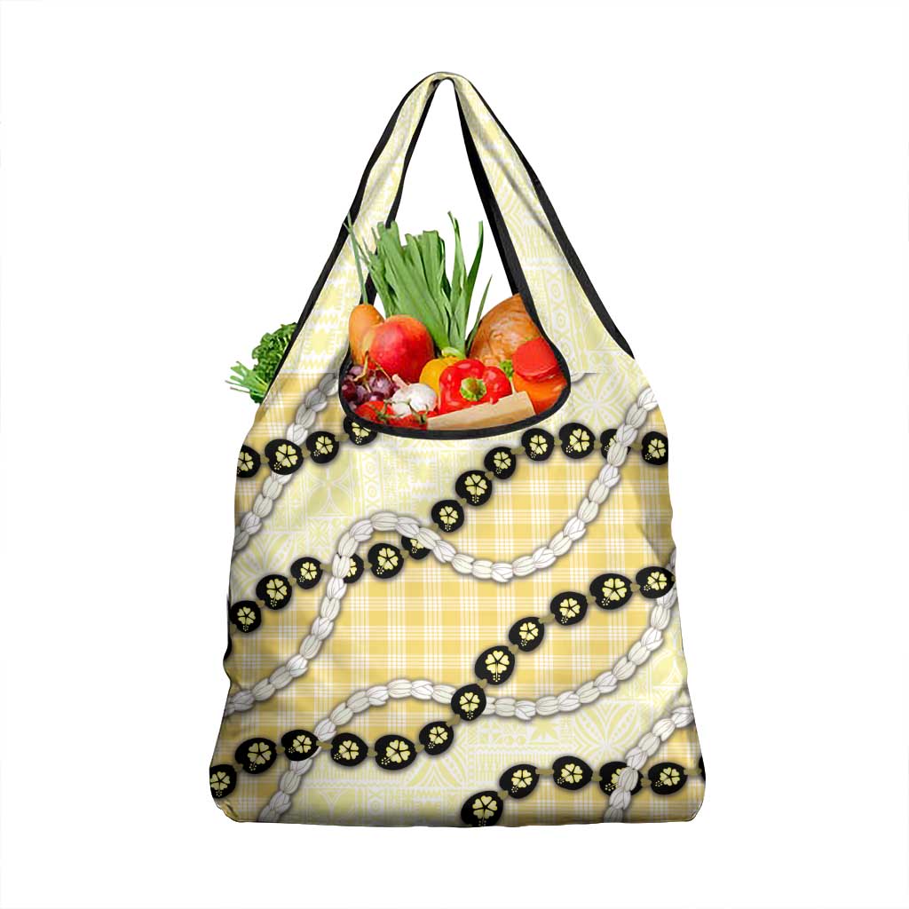 Yellow Palaka Hawaii Grocery Bag Kukui Nut Pikake Lei Hawaiian Tapa Pattern - Polynesian Pride