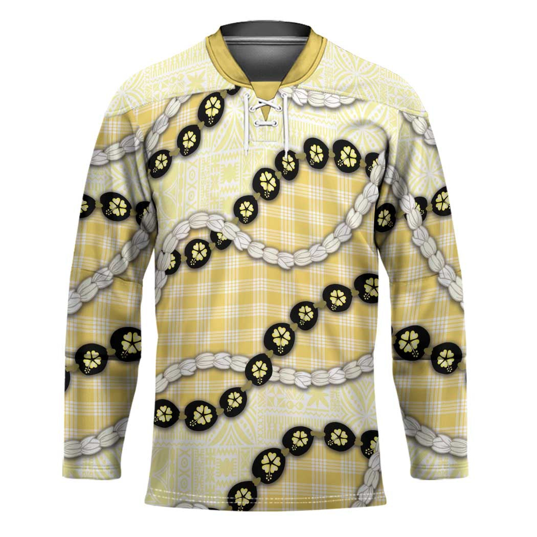 Yellow Palaka Hawaii Hockey Jersey Kukui Nut Pikake Lei Hawaiian Tapa Pattern - Polynesian Pride