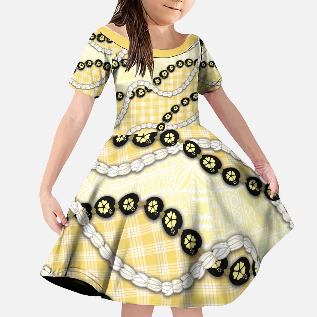 Yellow Palaka Hawaii Kid Short Sleeve Dress Kukui Nut Pikake Lei Hawaiian Tapa Pattern - Polynesian Pride