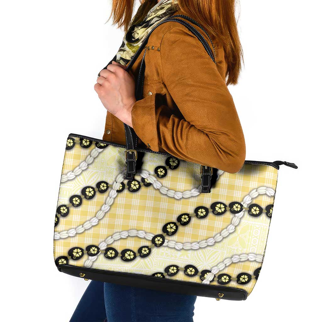 Yellow Palaka Hawaii Leather Tote Bag Kukui Nut Pikake Lei Hawaiian Tapa Pattern - Polynesian Pride