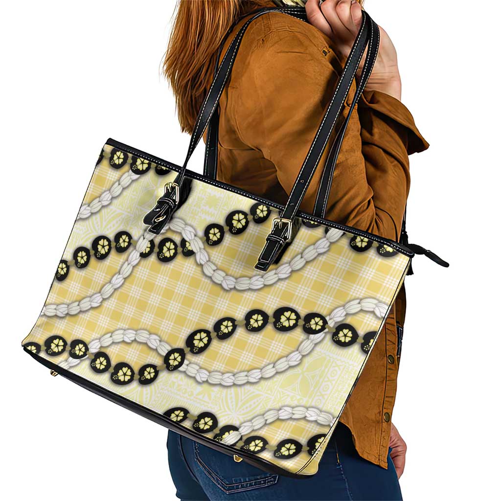 Yellow Palaka Hawaii Leather Tote Bag Kukui Nut Pikake Lei Hawaiian Tapa Pattern - Polynesian Pride