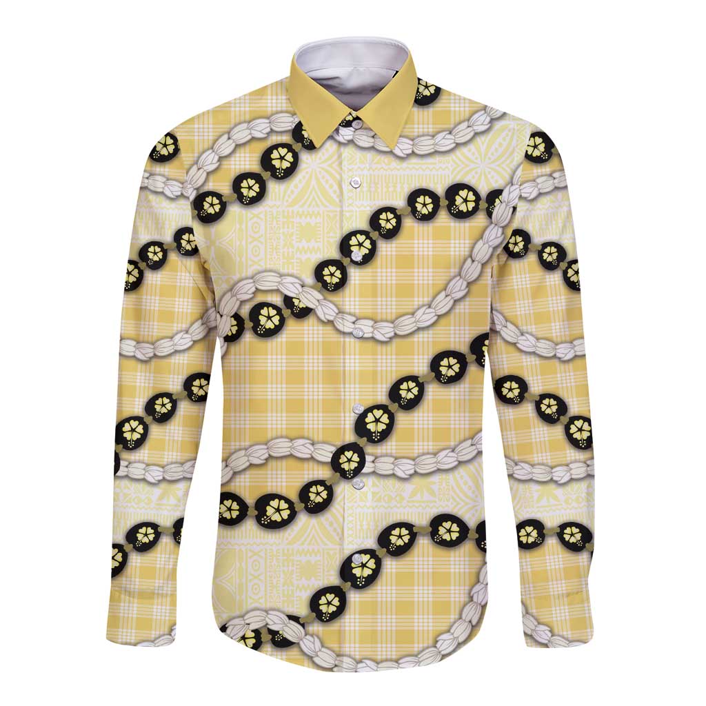 Yellow Palaka Hawaii Long Sleeve Button Shirt Kukui Nut Pikake Lei Hawaiian Tapa Pattern - Polynesian Pride