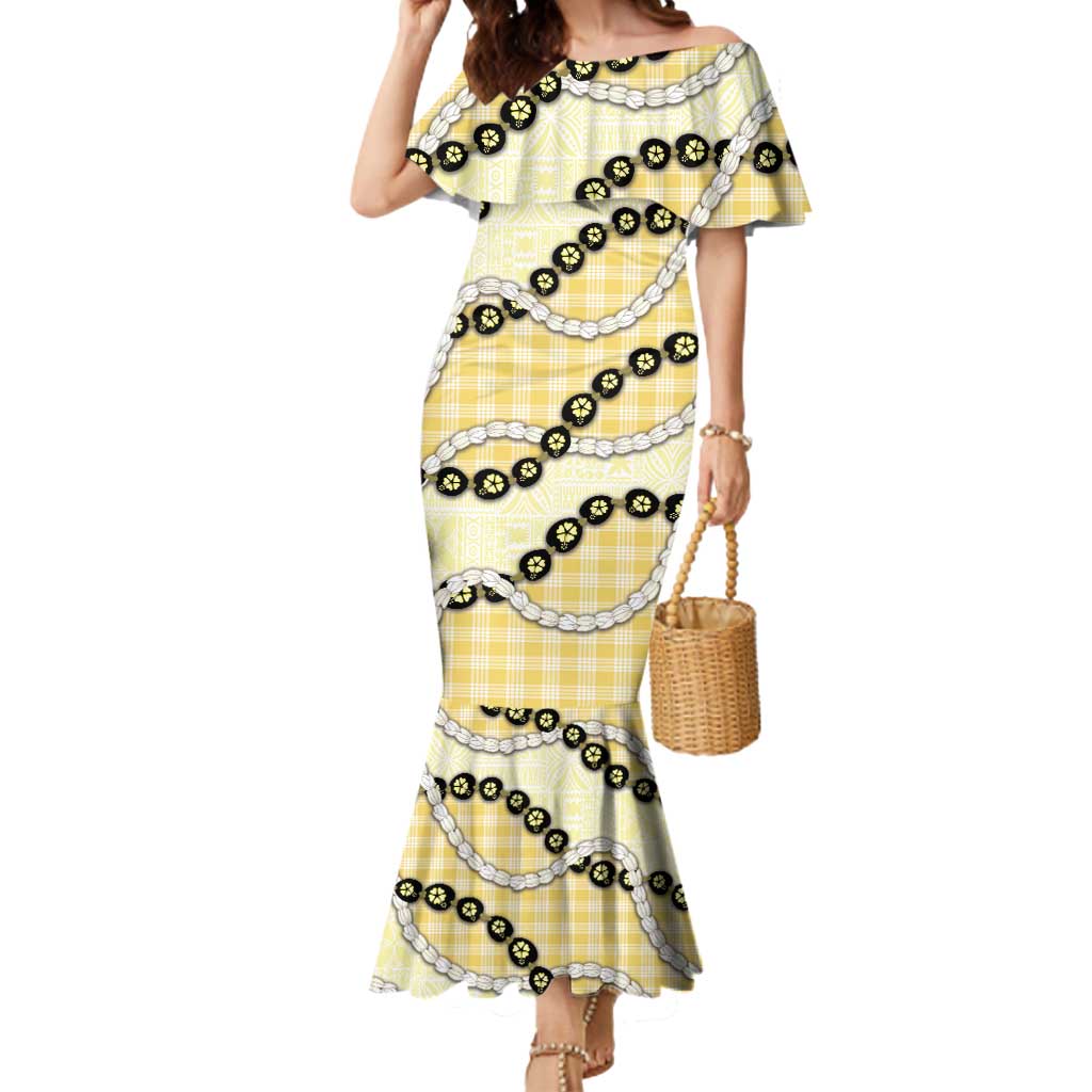 Yellow Palaka Hawaii Mermaid Dress Kukui Nut Pikake Lei Hawaiian Tapa Pattern - Polynesian Pride