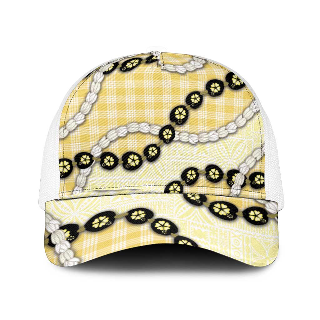 Yellow Palaka Hawaii Mesh Trucker Cap Kukui Nut Pikake Lei Hawaiian Tapa Pattern - Polynesian Pride