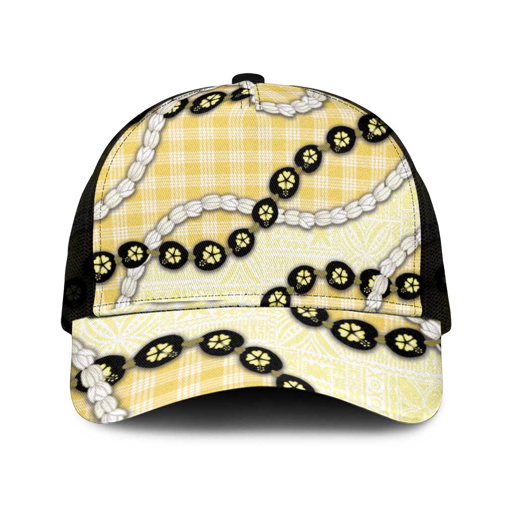 Yellow Palaka Hawaii Mesh Trucker Cap Kukui Nut Pikake Lei Hawaiian Tapa Pattern - Polynesian Pride