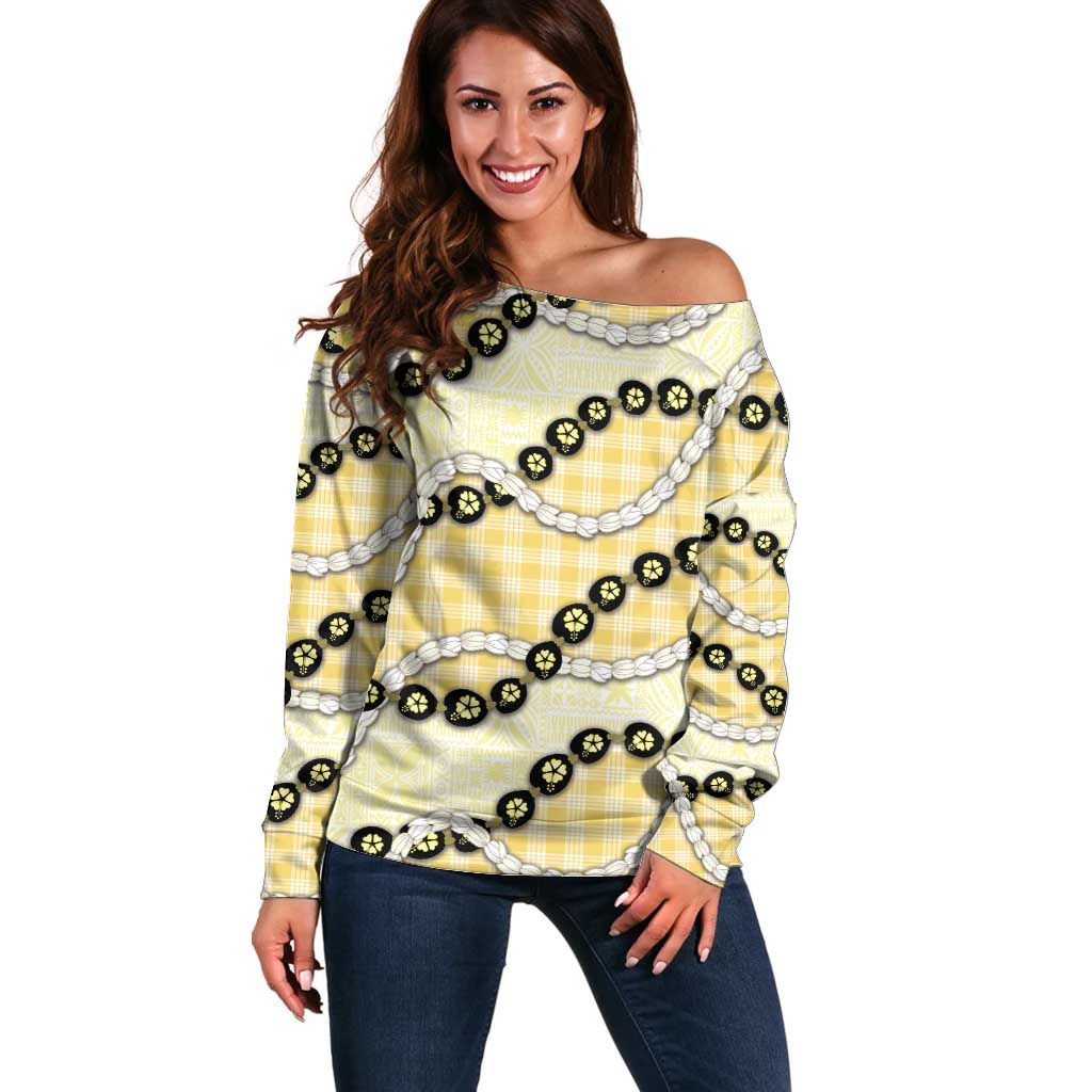 Yellow Palaka Hawaii Off Shoulder Sweater Kukui Nut Pikake Lei Hawaiian Tapa Pattern - Polynesian Pride