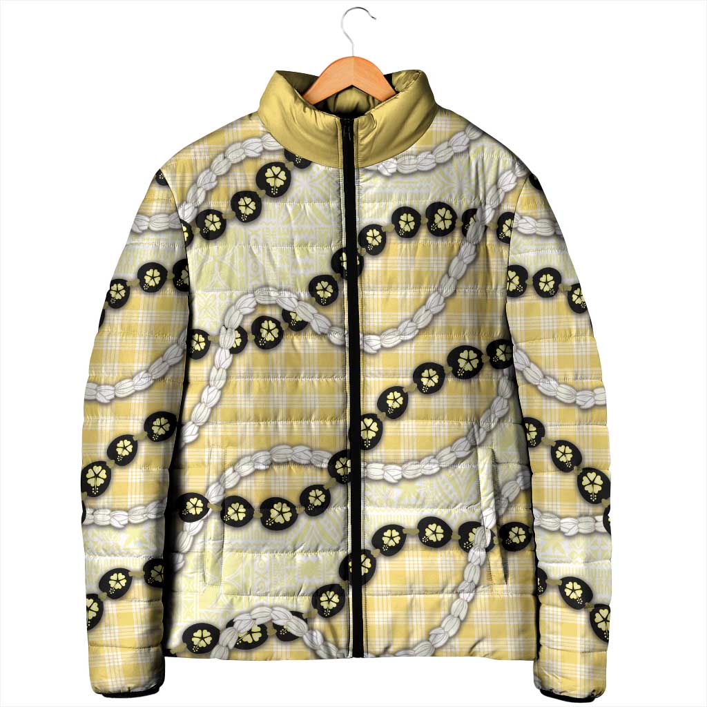 Yellow Palaka Hawaii Padded Jacket Kukui Nut Pikake Lei Hawaiian Tapa Pattern - Polynesian Pride