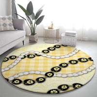Yellow Palaka Hawaii Round Carpet Kukui Nut Pikake Lei Hawaiian Tapa Pattern - Polynesian Pride