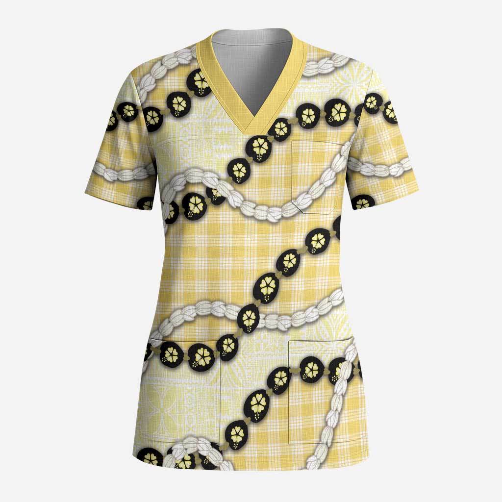 Yellow Palaka Hawaii Scrub Top Kukui Nut Pikake Lei Hawaiian Tapa Pattern - Polynesian Pride