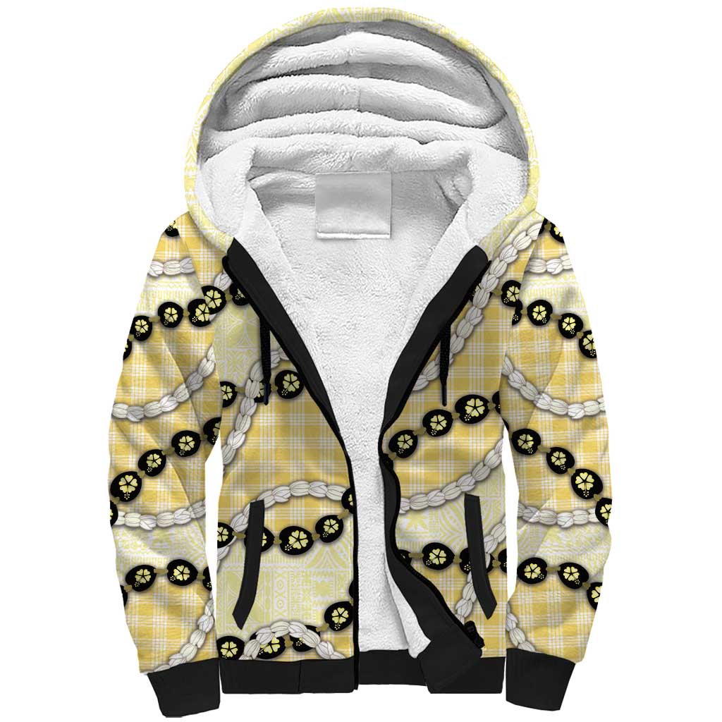 Yellow Palaka Hawaii Sherpa Hoodie Kukui Nut Pikake Lei Hawaiian Tapa Pattern - Polynesian Pride