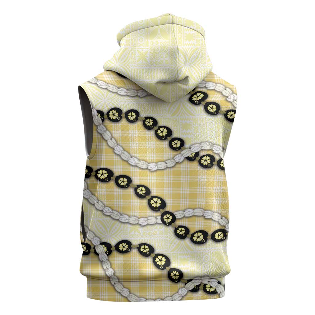 Yellow Palaka Hawaii Sleeveless Hoodie Kukui Nut Pikake Lei Hawaiian Tapa Pattern - Polynesian Pride