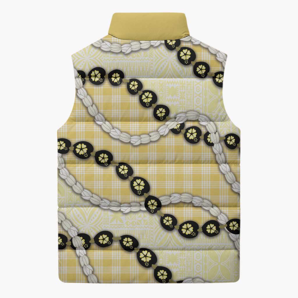 Yellow Palaka Hawaii Sleeveless Puffer Jacket Kukui Nut Pikake Lei Hawaiian Tapa Pattern - Polynesian Pride