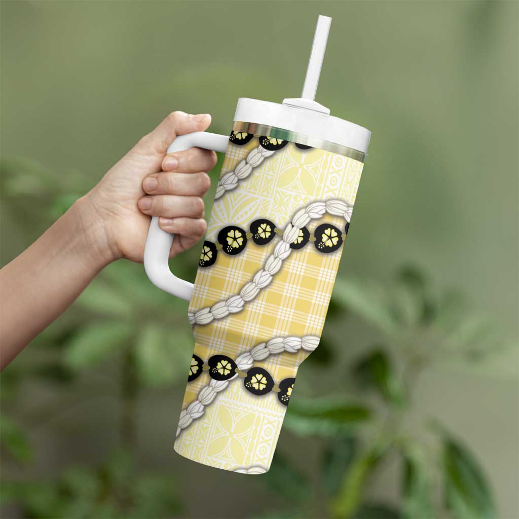 Yellow Palaka Hawaii Tumbler With Handle Kukui Nut Pikake Lei Hawaiian Tapa Pattern - Polynesian Pride