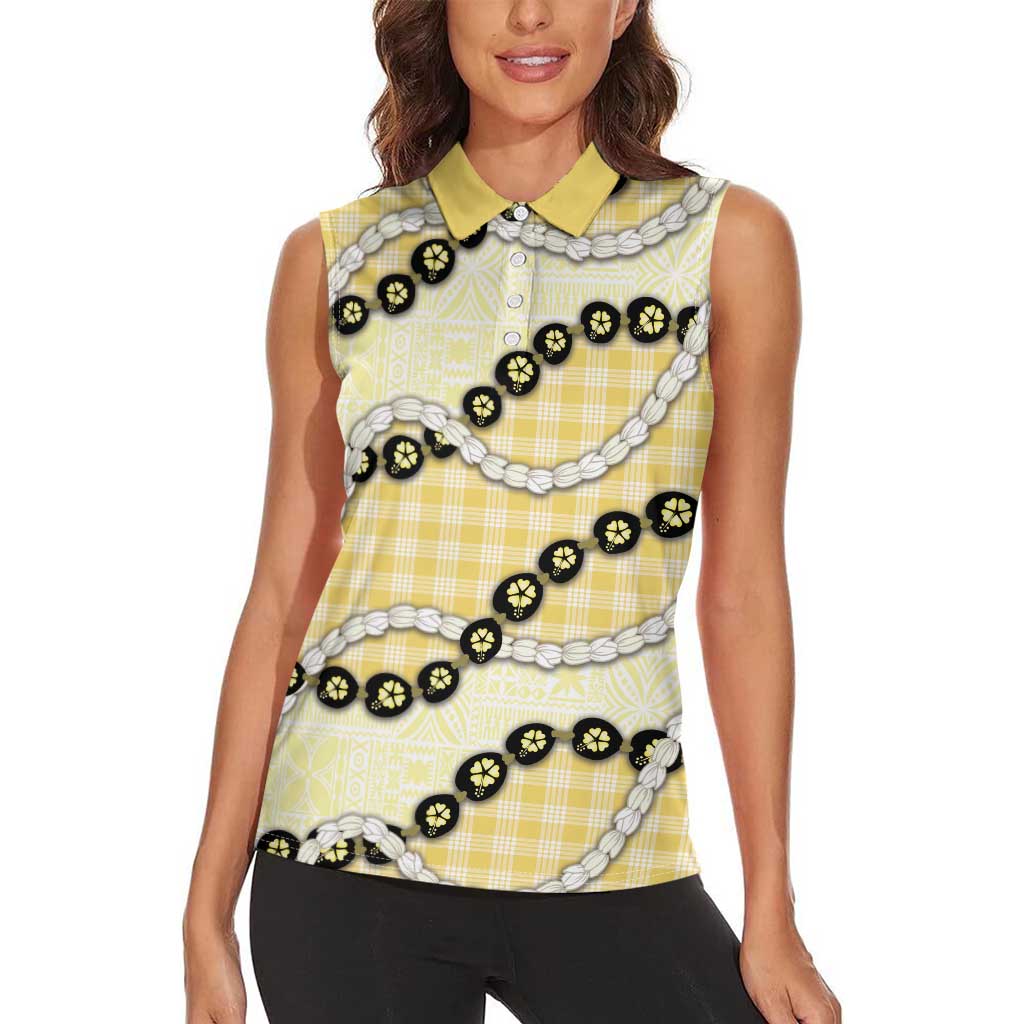 Yellow Palaka Hawaii Women Sleeveless Polo Shirt Kukui Nut Pikake Lei Hawaiian Tapa Pattern - Polynesian Pride
