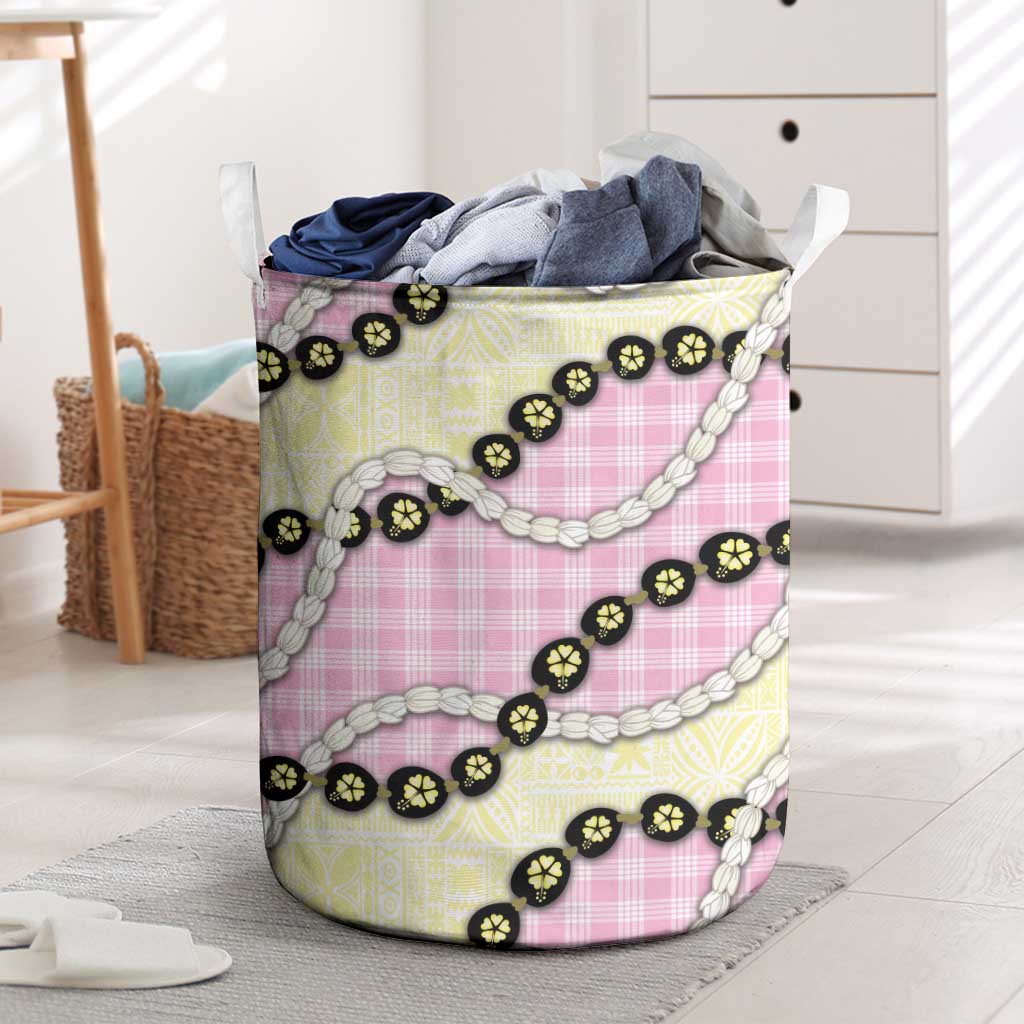 Pink Palaka Hawaii Laundry Basket Kukui Nut Pikake Lei Hawaiian Tapa Pattern - Polynesian Pride