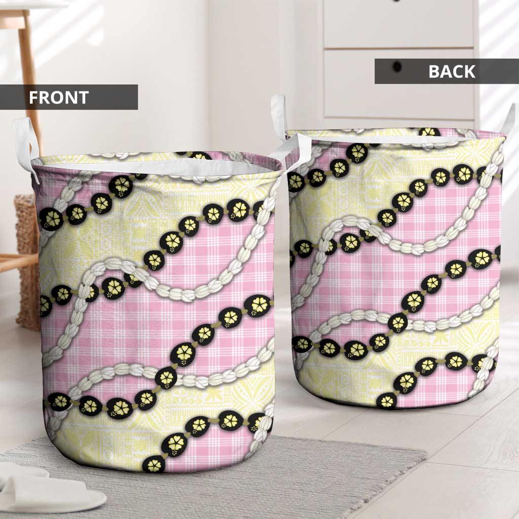 Pink Palaka Hawaii Laundry Basket Kukui Nut Pikake Lei Hawaiian Tapa Pattern - Polynesian Pride