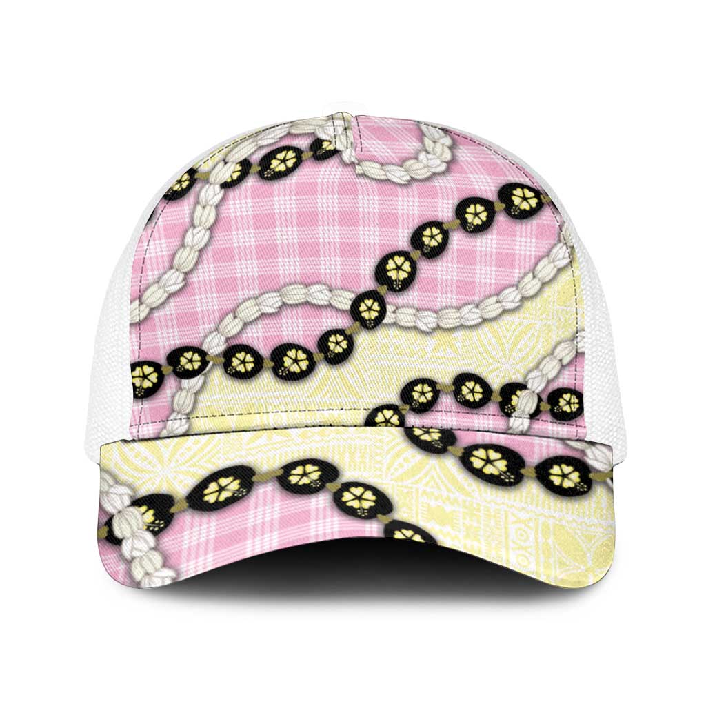 Pink Palaka Hawaii Baseball Net Cap Kukui Nut Pikake Lei Hawaiian Tapa Pattern - Polynesian Pride