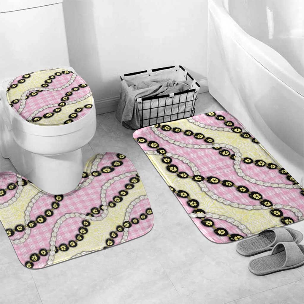 Pink Palaka Hawaii Bathroom Set Kukui Nut Pikake Lei Hawaiian Tapa Pattern - Polynesian Pride