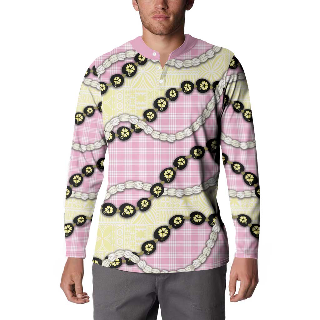 Pink Palaka Hawaii Button Sweatshirt Kukui Nut Pikake Lei Hawaiian Tapa Pattern - Polynesian Pride