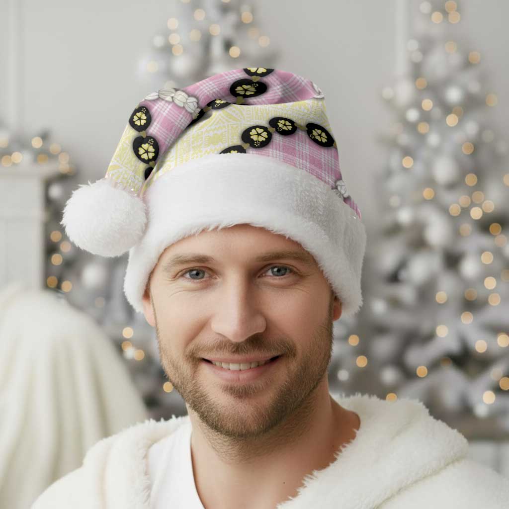 Pink Palaka Hawaii Christmas Santa Hat Kukui Nut Pikake Lei Hawaiian Tapa Pattern - Polynesian Pride