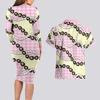 Pink Palaka Hawaii Couples Matching Long Sleeve Bodycon Dress and Hawaiian Shirt Kukui Nut Pikake Lei Hawaiian Tapa Pattern - Polynesian Pride