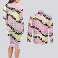 Pink Palaka Hawaii Couples Matching Long Sleeve Bodycon Dress and Long Sleeve Button Shirt Kukui Nut Pikake Lei Hawaiian Tapa Pattern - Polynesian Pride