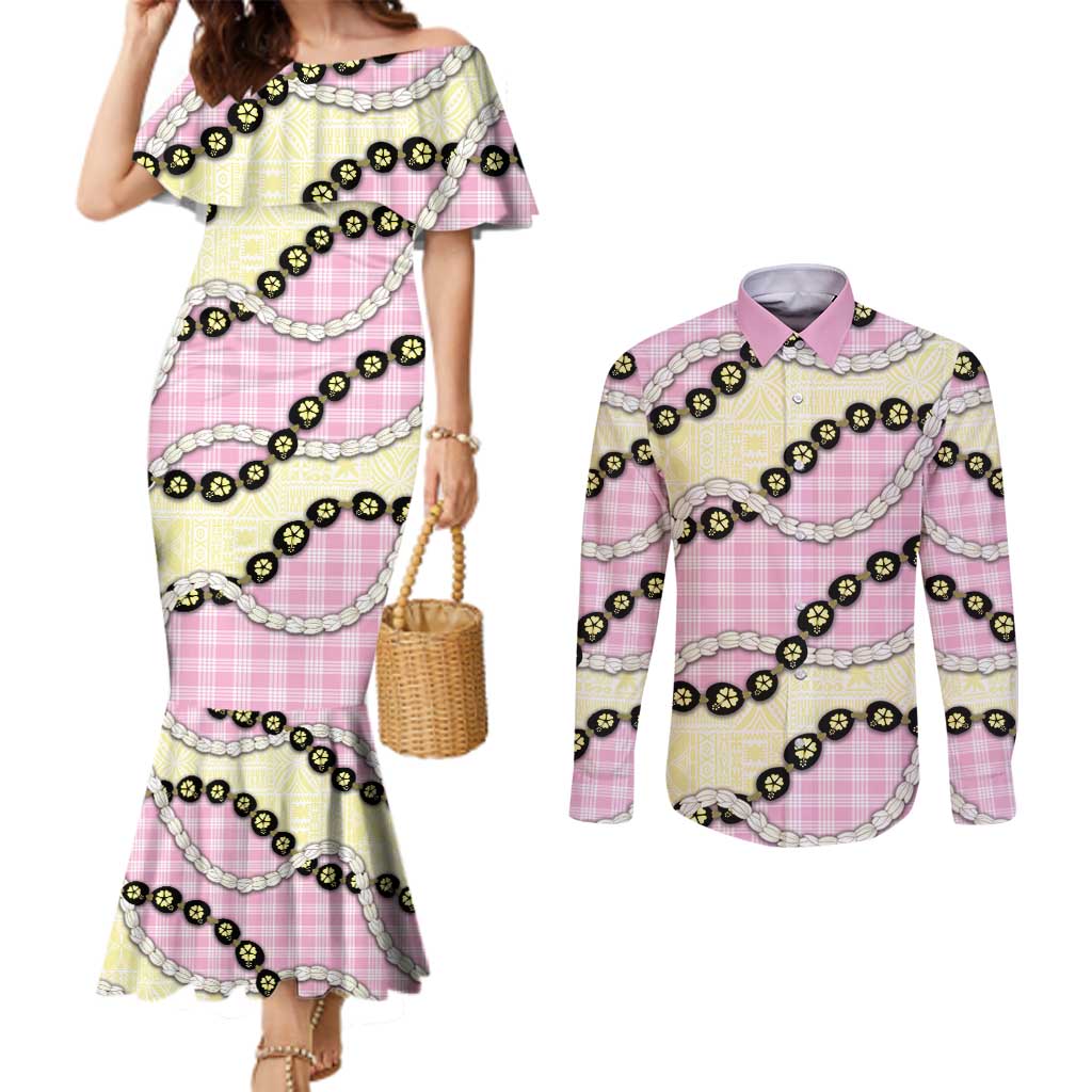 Pink Palaka Hawaii Couples Matching Mermaid Dress and Long Sleeve Button Shirt Kukui Nut Pikake Lei Hawaiian Tapa Pattern - Polynesian Pride