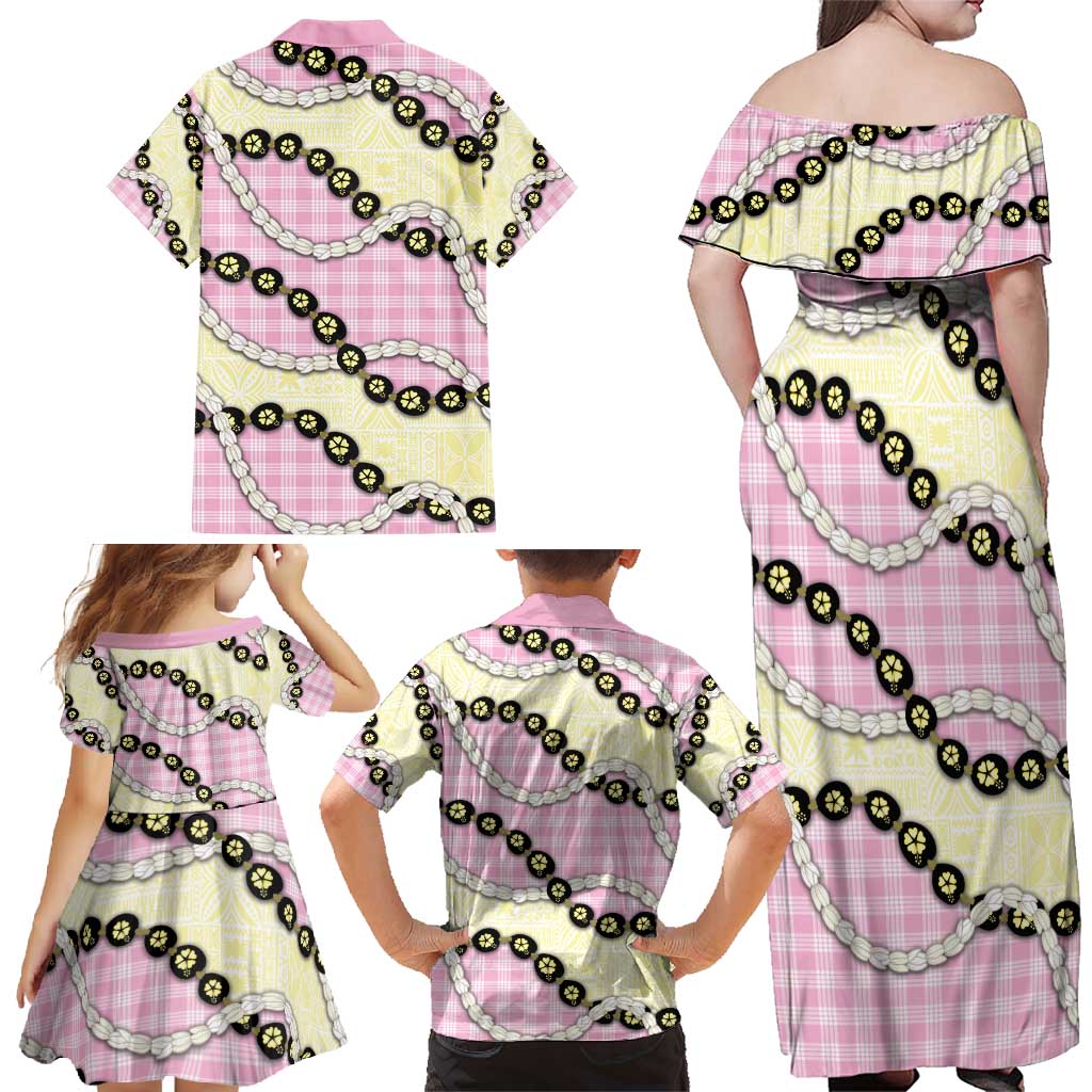 Pink Palaka Hawaii Family Matching Off Shoulder Maxi Dress and Hawaiian Shirt Kukui Nut Pikake Lei Hawaiian Tapa Pattern - Polynesian Pride