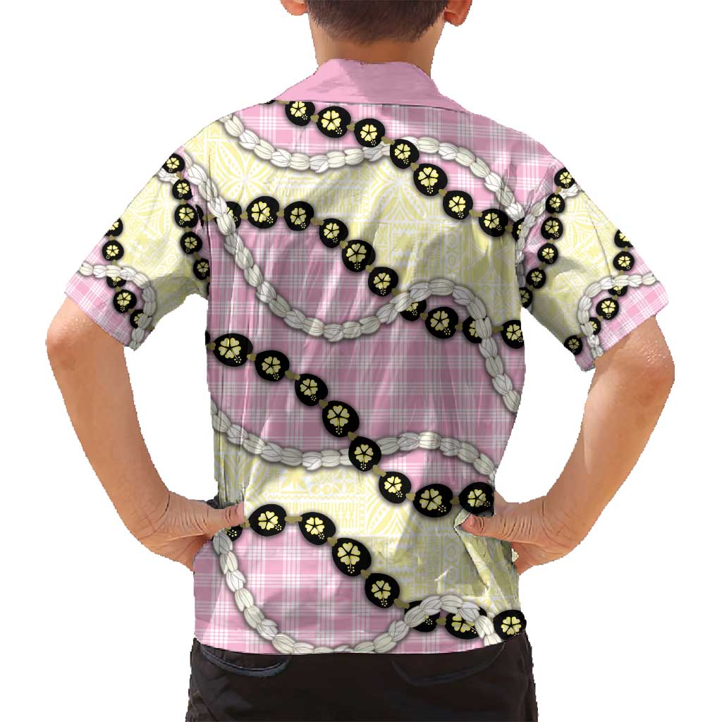 Pink Palaka Hawaii Family Matching Off Shoulder Short Dress and Hawaiian Shirt Kukui Nut Pikake Lei Hawaiian Tapa Pattern - Polynesian Pride