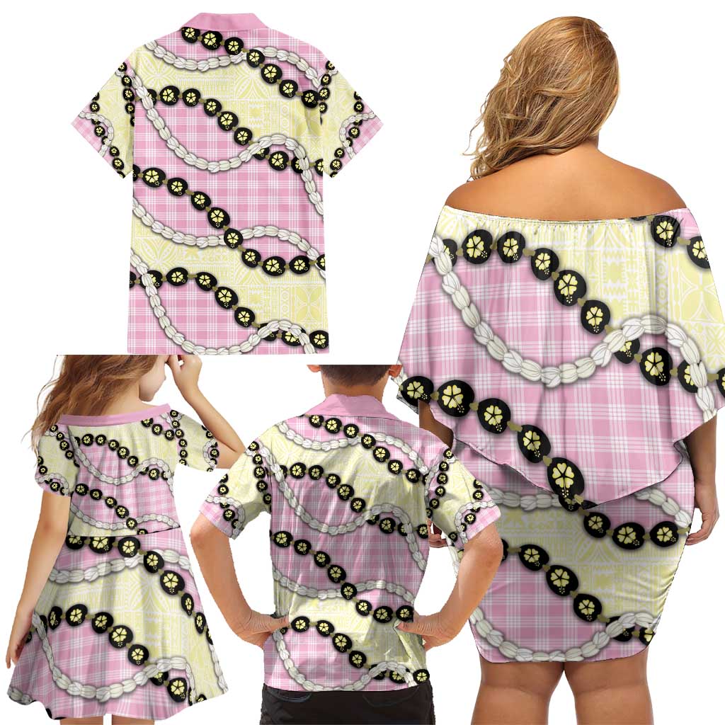 Pink Palaka Hawaii Family Matching Off Shoulder Short Dress and Hawaiian Shirt Kukui Nut Pikake Lei Hawaiian Tapa Pattern - Polynesian Pride