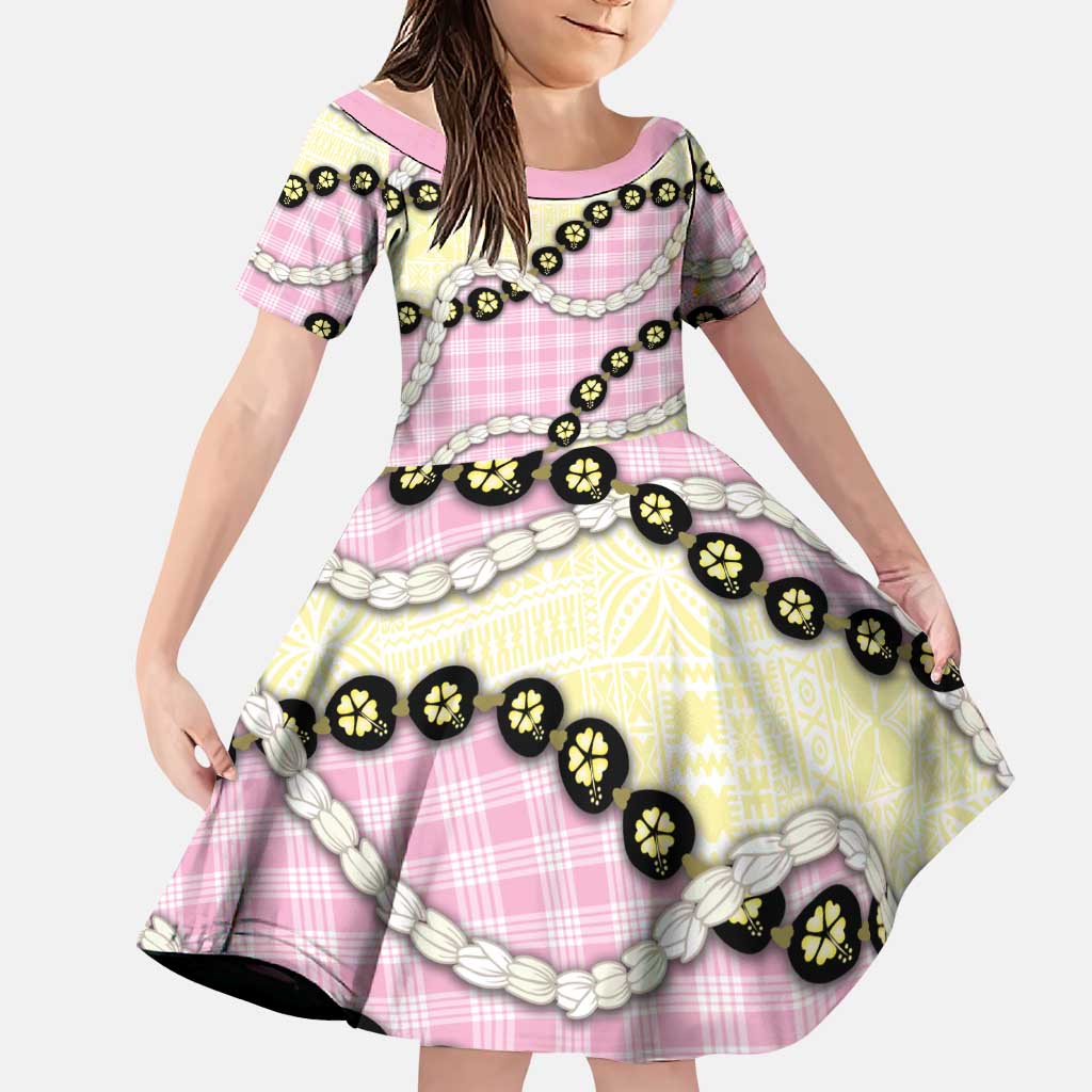 Pink Palaka Hawaii Family Matching Puletasi and Hawaiian Shirt Kukui Nut Pikake Lei Hawaiian Tapa Pattern LT14 Daughter's Dress Pink - Polynesian Pride