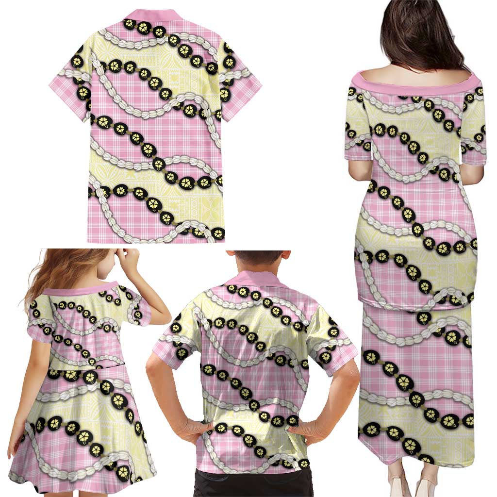 Pink Palaka Hawaii Family Matching Puletasi and Hawaiian Shirt Kukui Nut Pikake Lei Hawaiian Tapa Pattern LT14 - Polynesian Pride