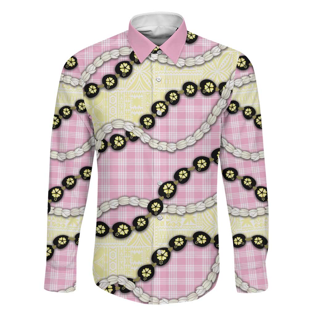 Pink Palaka Hawaii Family Matching Puletasi and Hawaiian Shirt Kukui Nut Pikake Lei Hawaiian Tapa Pattern LT14 Dad's Shirt - Long Sleeve Pink - Polynesian Pride