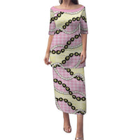 Pink Palaka Hawaii Family Matching Puletasi and Hawaiian Shirt Kukui Nut Pikake Lei Hawaiian Tapa Pattern LT14 Mom's Dress Pink - Polynesian Pride