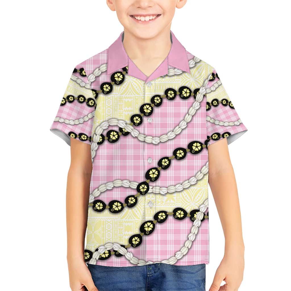 Pink Palaka Hawaii Family Matching Summer Maxi Dress and Hawaiian Shirt Kukui Nut Pikake Lei Hawaiian Tapa Pattern - Polynesian Pride