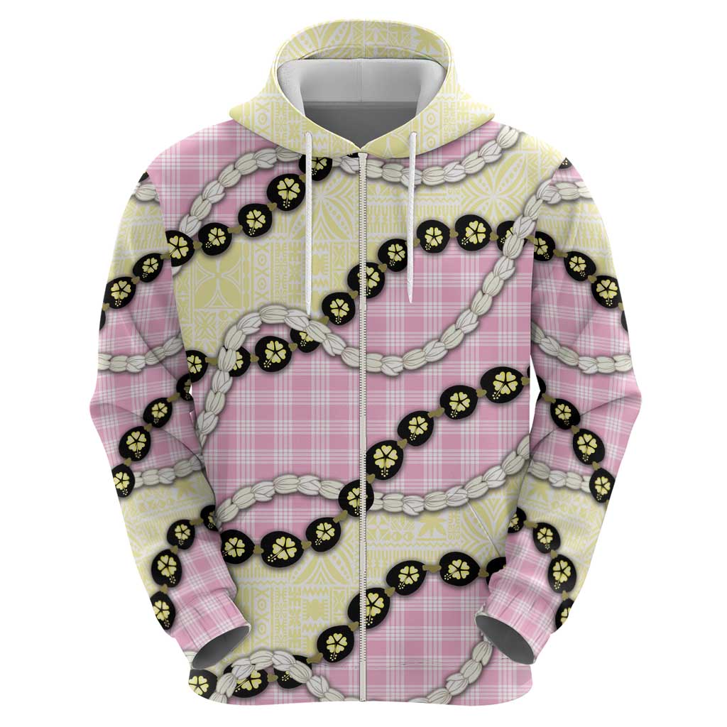 Pink Palaka Hawaii Hoodie Kukui Nut Pikake Lei Hawaiian Tapa Pattern - Polynesian Pride