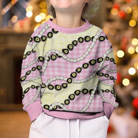 Pink Palaka Hawaii Kid Ugly Christmas Sweater Kukui Nut Pikake Lei Hawaiian Tapa Pattern - Polynesian Pride