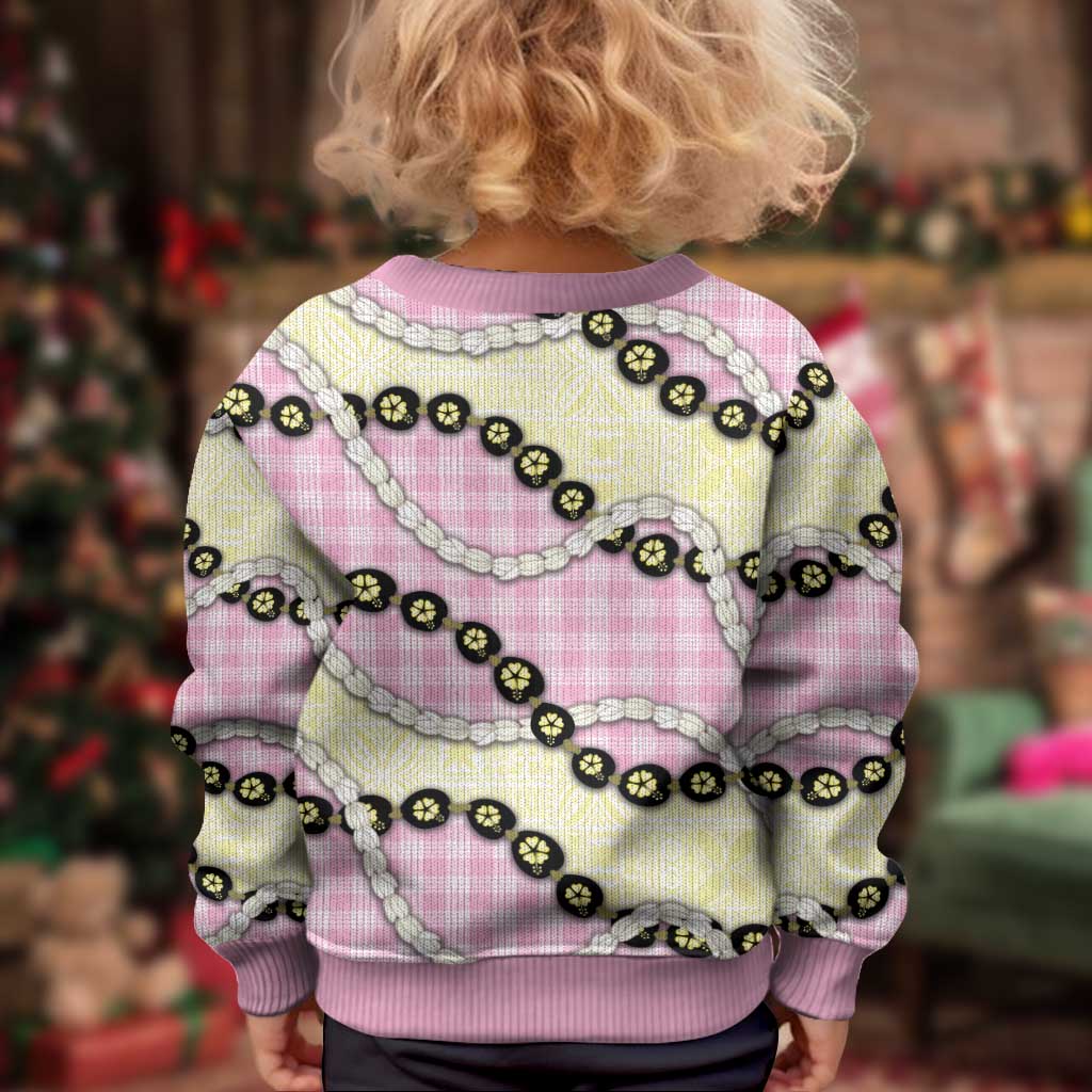 Pink Palaka Hawaii Kid Ugly Christmas Sweater Kukui Nut Pikake Lei Hawaiian Tapa Pattern - Polynesian Pride