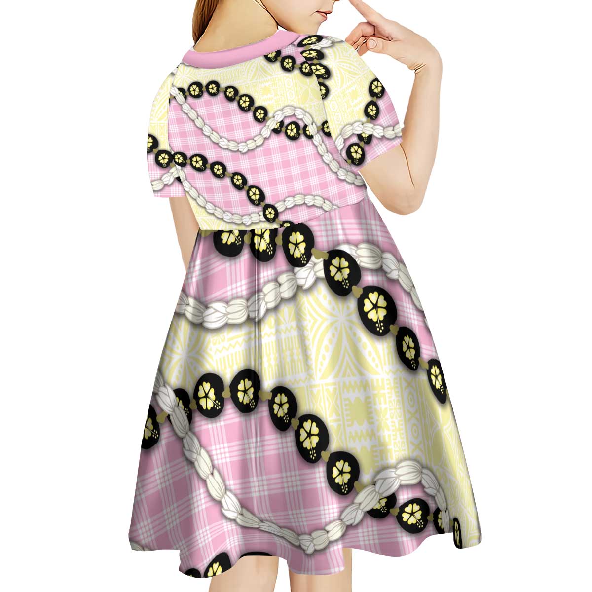 Pink Palaka Hawaii Kid Short Sleeve Dress Kukui Nut Pikake Lei Hawaiian Tapa Pattern - Polynesian Pride