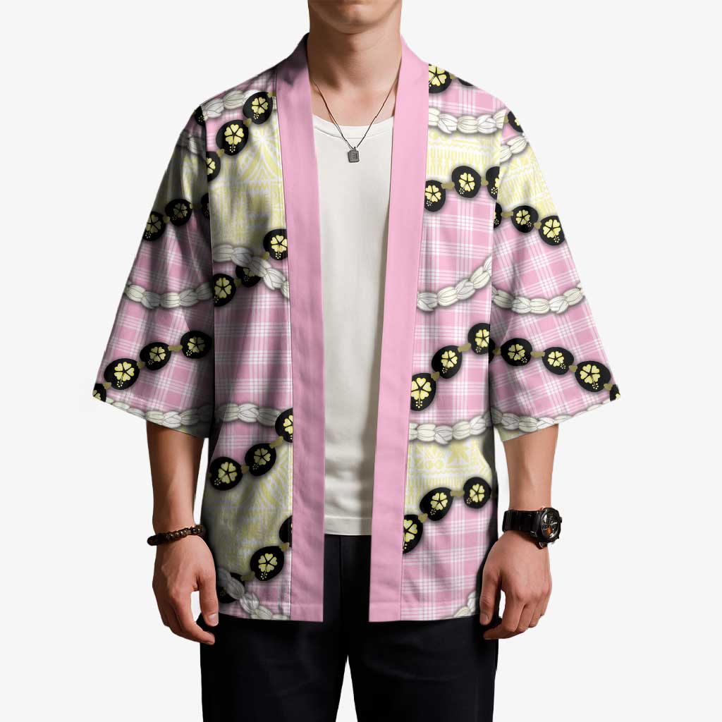 Pink Palaka Hawaii Kimono Kukui Nut Pikake Lei Hawaiian Tapa Pattern - Polynesian Pride