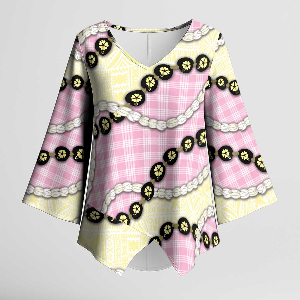 Pink Palaka Hawaii Kimono Sleeve Blouse Kukui Nut Pikake Lei Hawaiian Tapa Pattern - Polynesian Pride